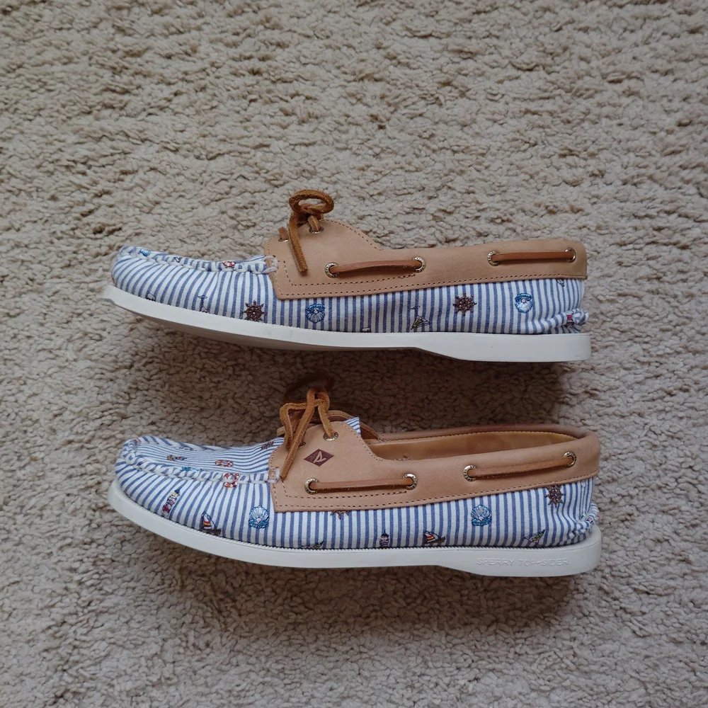Sperry Women's Tan and Blue Striped Boat Shoes - Picture 5 of 7